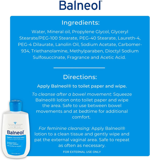 Balneol Hygienic Cleansing Lotion for Women and Men, Soothing Relief for Pain, Itch, and Discomfort, 3 oz