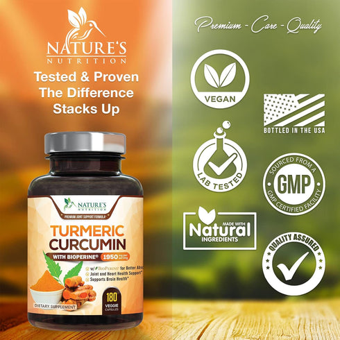 Turmeric Curcumin with BioPerine 1950mg for Max Absorption, Nature's Joint Support Supplement, 180 Caps