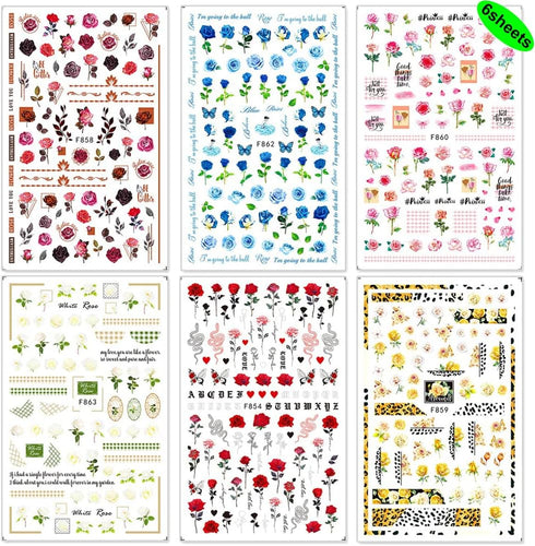Flower Nail Art Stickers Decals 6Sheets Spring Rose 3D Self-Adhesive Nail Stickers Flowers Rose Butterfly Design Nail Decals for Nail Art Women Girls Acrylic Nails Decorations DIY Nail Art Supplies by SINSEN