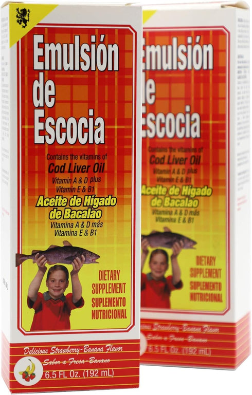EMULSION DE ESCOCIA Cod Liver Oil Liquid, Strawberry-Banana Flavor, 2 Pack (6.5 fl oz Each), with Vitamins A, D, E & B1