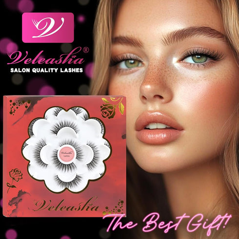 Veleasha 5D Faux Mink Cat Eye Lashes - Handmade False Eyelashes, 7 Pairs Luxurious Volume Pack (5D28)
