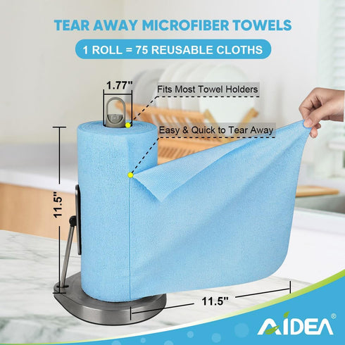 AIDEA Blue Microfiber Cleaning Cloth Roll, 75PK, Washable Shop Rags, Lint Free Cleaning Towels for House, Kitchen, Car