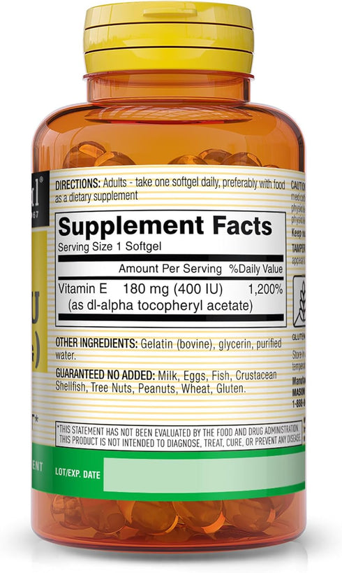 MASON NATURAL Vitamin E 180 mg (400 IU) - Antioxidant and Essential Nutrient, Healthy Immune System, Skin and Eyes, Whole Body Supplement, 100 Softgels