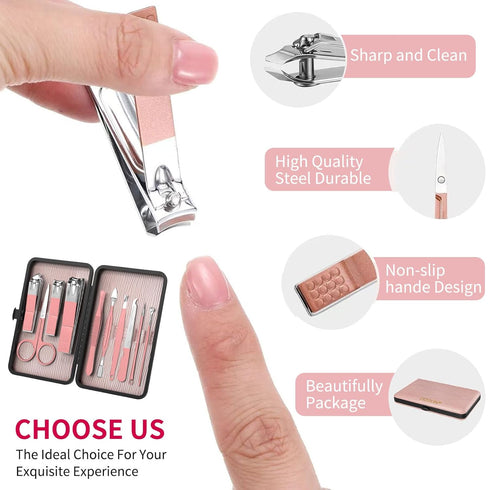 ZIZZON Mini Travel Manicure Set, 10 in 1 Stainless Steel Nail Clipper Grooming Kit with Case, Pink
