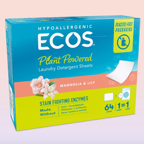 ECOS Laundry Detergent Sheets, Vegan, No Plastic Jug, Liquid Free, Hypoallergenic, Magnolia & Lily, 64 Sheets
