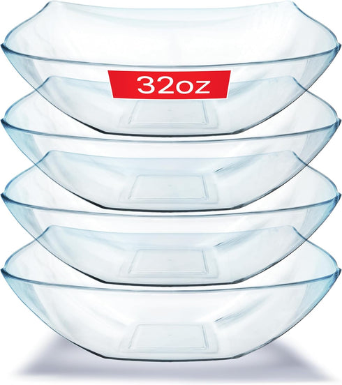 32oz Clear Plastic Serving Bowls (4 Pack), Medium Square Buffet Containers for Chips, Snacks, Mints, Salad Bar, Party