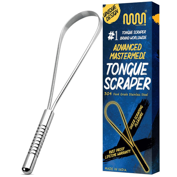 MasterMedi Tongue Scraper, 100% Stainless Steel, Bad Breath Treatment for Adults & Kids, Ergonomic Design for Oral Care