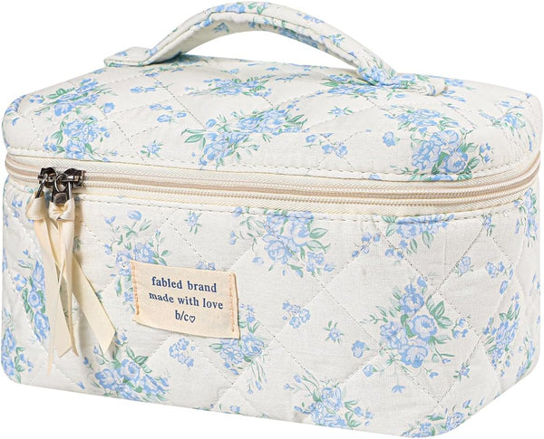 Large Travel Quilted Makeup Bag for Women - Floral Cotton Cosmetic Bag, Coquette Aesthetic Toiletry Organizer