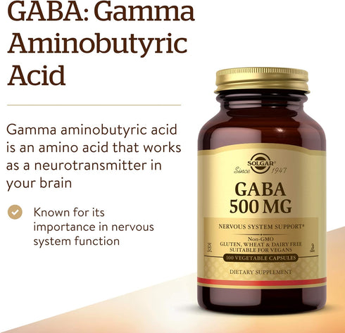 Solgar GABA 500 mg - 100 Vegetable Capsules, Relaxation & Nervous System Support, Non-GMO, Vegan, Gluten Free