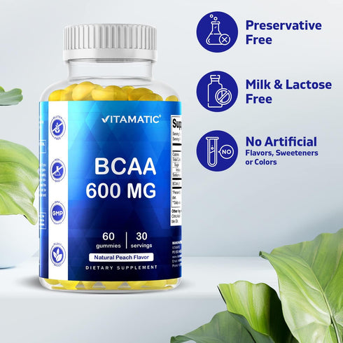 Vitamatic BCAA Gummies, 600mg per Serving, Peach Flavor, 60 Vegan Pectin Based Gummies (2 Bottles)
