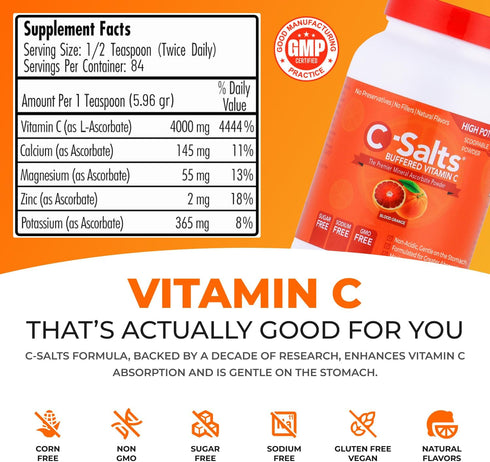 Buffered Vitamin C Powder Supplement - High Absorption Immune Support Drink, Blood Orange 26oz