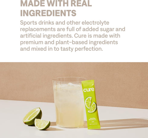 Cure Hydration Plant-Based Electrolyte Drink Mix, No Added Sugar, Coconut Water, Vegan, 14 Packets - Lime