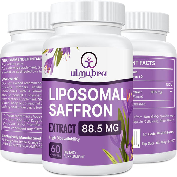Liposomal Saffron Supplements 88.5 mg, Pure Saffron Extract Capsules for Mood, Energy, Vision & Focus, 60 Vegan