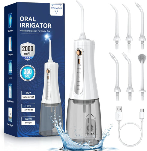 350ML Cordless Water Flosser, Dental Flosser Picks for Teeth Cleaning with 6 Jet Tips & 5 Pressure Modes (White)
