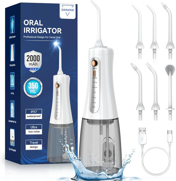 350ML Cordless Water Flosser, Dental Flosser Picks for Teeth Cleaning with 6 Jet Tips & 5 Pressure Modes (White)
