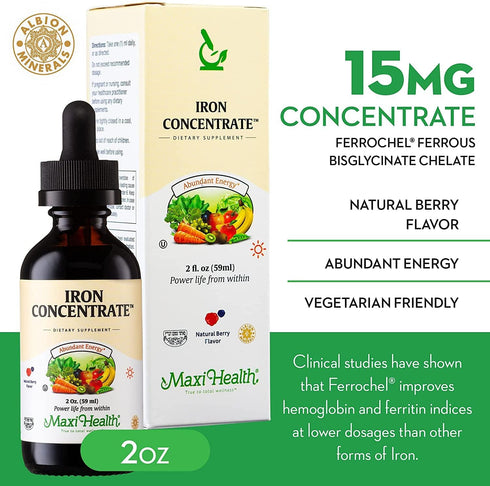 Maxi Health Iron Supplement 15mg Per ML – Liquid Iron Drops for Men, Women, and Kids, Increase Energy & Blood Levels -