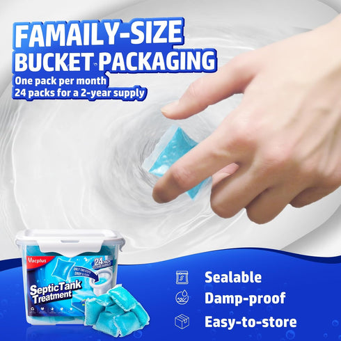 Vacplus Septic Tank Treatment, 24 Packs for 2-Year Supply, Bucket-Packed Septic Tank Treatment Packets, Dissolvable &