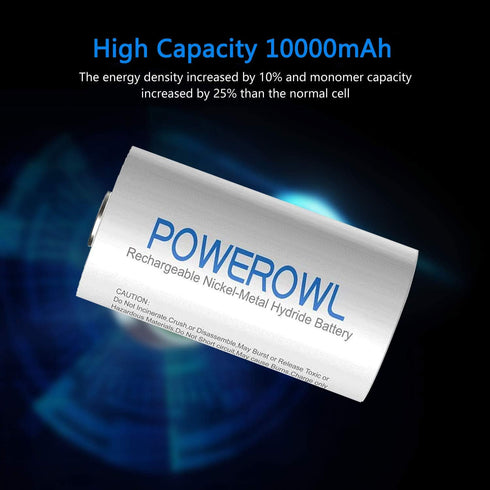 POWEROWL 10000mah 4 Count Rechargeable D Batteries Low Self Discharge, NiMH, Pre-Charged, (Recharge Universal)