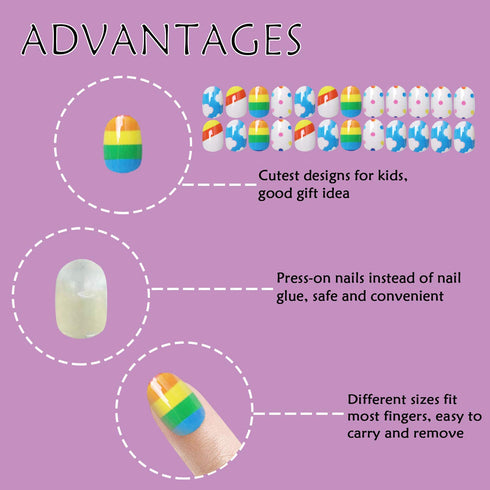 Laza 120pcs Children Nails Press On Pre-glue Full Cover Nail Tips Kit, Colorful Rainbow Short Artificial Nails