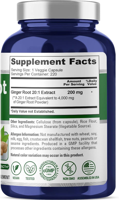 NusaPure Ginger Root Capsules 4000 mg per Veggie Caps | 220 Count | Non-GMO | 20:1 Extract
