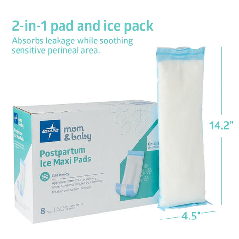 Medline 2-in-1 Absorbent Perineal Pad and Instant Cold Ice Packs for Postpartum Care (8 Count). Ready-to-use Essential for After Delivery, Maternity, Postpartum Care