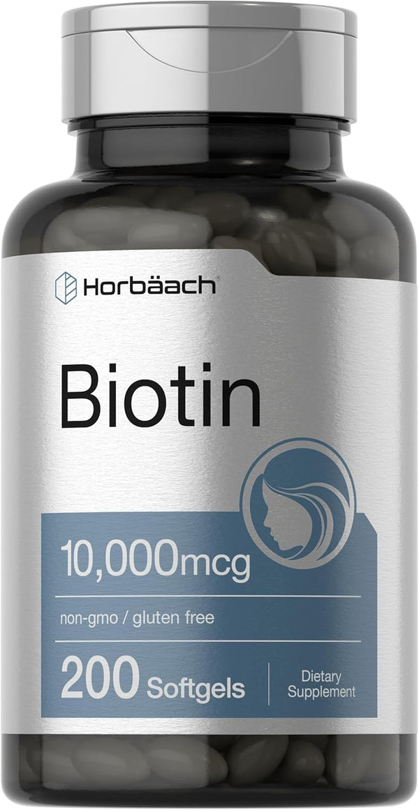 Horbaach Biotin 10000 mcg | 200 Softgels | Vitamin B7 Supplement, Non-GMO & Gluten Free