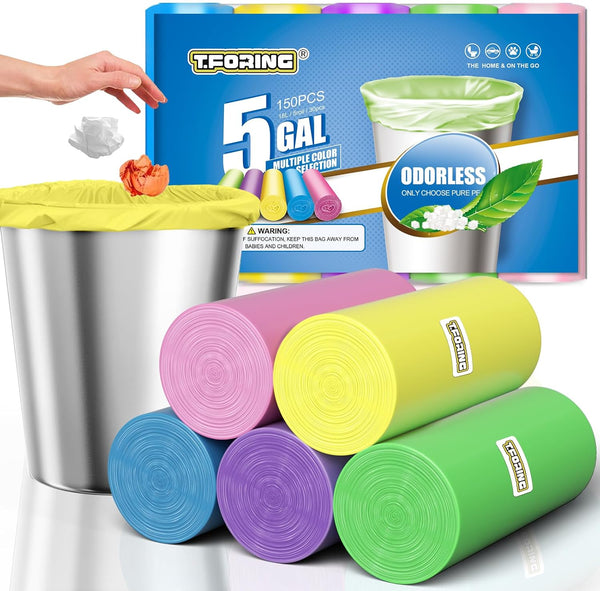 5 Gallon Colored Trash Bags, 150 Count, 0.94 Mil Thick, 18 Liter Garbage Bags for Bathroom, Home, Office