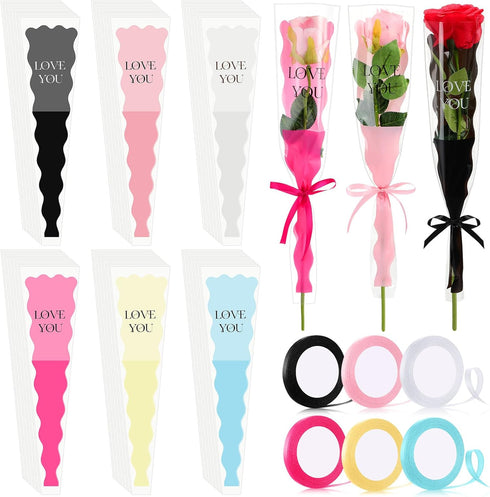 Chiisong 300 Pcs Single Flower Sleeves, Father's Day Plastic Wrapping with 6 Ribbon for Florist Supplies (White, Black,