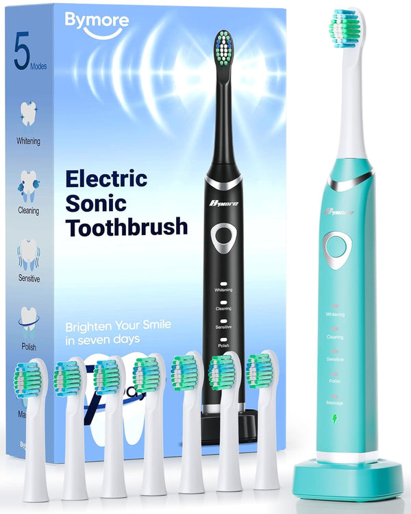 Bymore Electric Toothbrush for Adults, Travel Sonic Toothbrush with 8 Replacement Heads, Portable (Blue)