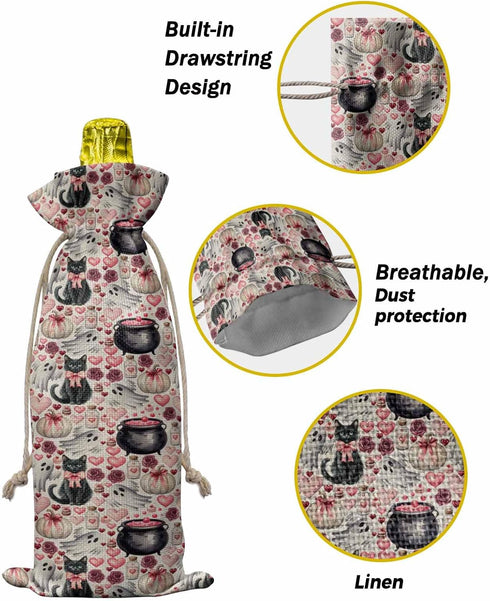 Home L6 10 Halloween Burlap Wine Bags PCS Pink Bow Cat Wine Bottle Gift Bag Rose Love Heart Pumpkin Ghost Potion Linen