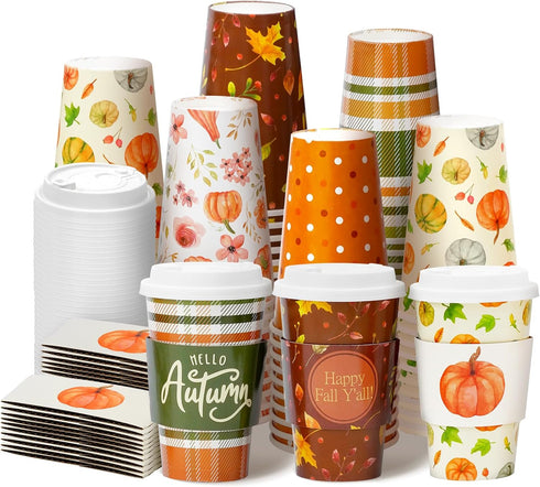 Nihuecne 50 Pack 16 oz Fall Themed Disposable Coffee Cups with Snap-on Lids