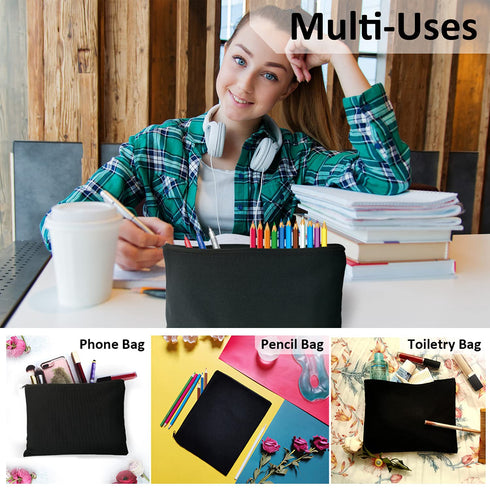 Koolmox 20 Makeup Bags in Bulk - 9x7 Large Plain Black Canvas Pouches with Zipper