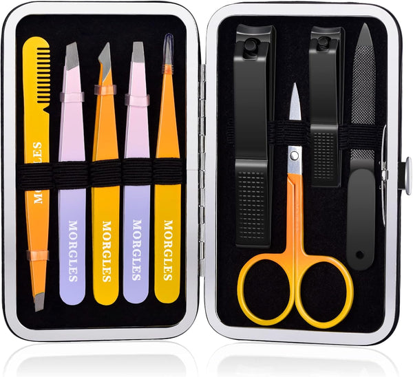 MORGLES 9 Pack Tweezers Set, Professional Nail Clippers and Tweezer Kit for Men and Women with Leather Travel Case