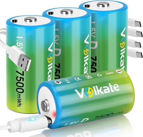 volkate Rechargeable D Cell Batteries 4 Pack, 1.5V 7500mwh Lithium LR20 Battery D
