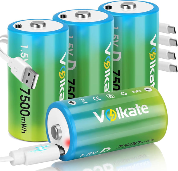volkate Rechargeable D Cell Batteries 4 Pack, 1.5V 7500mwh Lithium LR20 Battery D