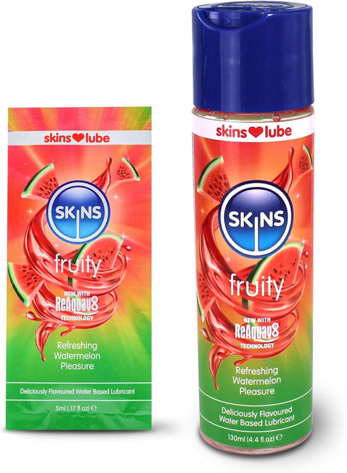 Reaquav8 4.4 Oz (130ml) Skins Watermelon Flavoured Water Based Condom Compatible Lubricant with Technology Fl