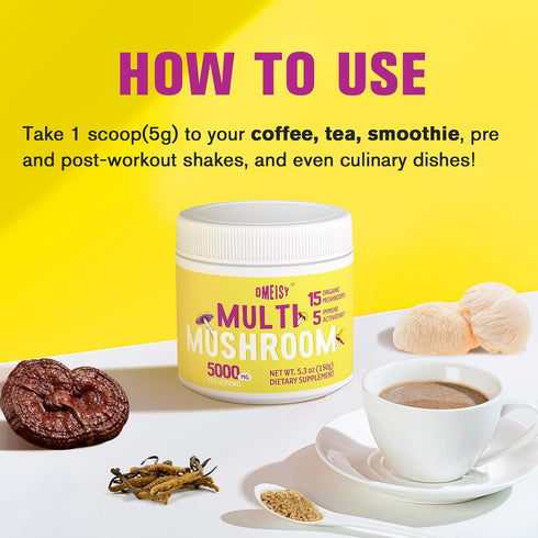 20 in 1 Mushroom Powder Supplement, 5000mg for Mushroom Coffee - Lions Mane, Reishi, Cordyceps, Turkey Tail & Herbs,