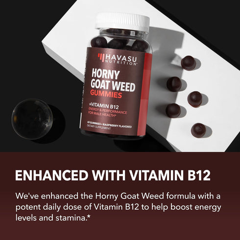 Horny Goat Weed Gummies with Vitamin B12, 60 Raspberry Vegan Gummies, Energy, Endurance & Performance Support