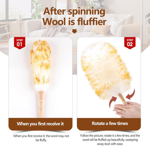 Lambswool Duster for Cleaning, 19.6 inch Natural Feather Duster with Solid Wooden Handle, Leather Hang Strap, 2 Pack