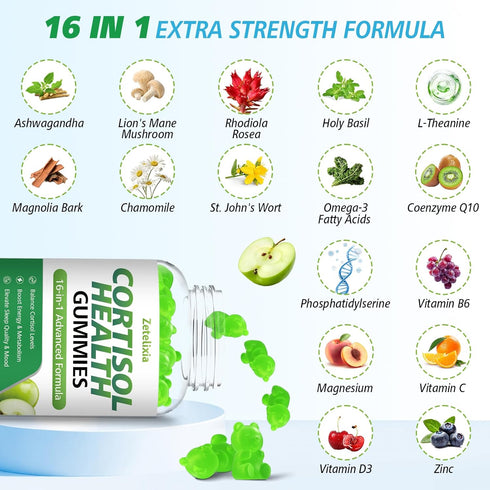Zetelixia Gummies 16-in-1 60Cts Cortisol for Women, Cortisol Supplements for Women, Cortisol Reducer with Ashwagandha
