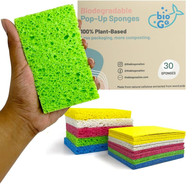 bioGo 30 Pack Compostable Pop-Up Sponges - Non-Scratch, Plant-Based Dish Sponges