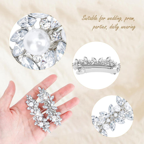 WHAVEL 4PCS Rhinestone Hair Barrettes for Women, Silver Sparkly Hair Clips, Fancy Formal Hair Accessories for Weddings