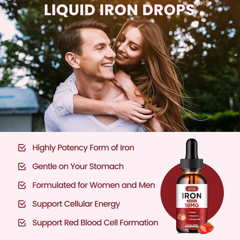 Liquid Iron Supplement for Women & Men, Iron Drops for Anemia with Folate, Vitamin C, B12, Strawberry, 2 Fl Oz
