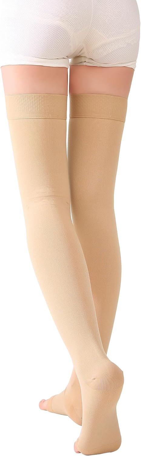 TOFLY 1 Pair Thigh High Open Toe Compression Stockings 15-20mmHg - Comfortable Unisex Design with Silicone Dot Band -
