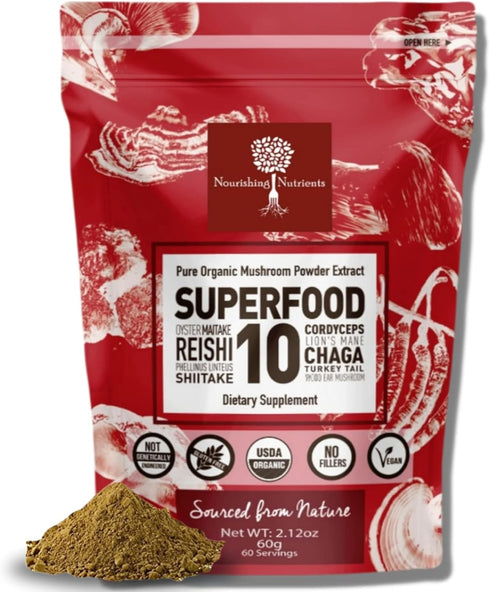 Organic Mushroom Powder Extract - Superfood 10 Supplement, 100% Pure USDA Immunity Booster, 60 Grams