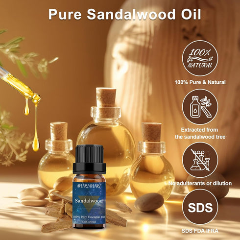 Set, 100% Set 4 10ml Sandalwood, Vetiver, Cinnamon and Rosemary Essential Oil Pure Diffuser Oil Gift for Massage, Soap