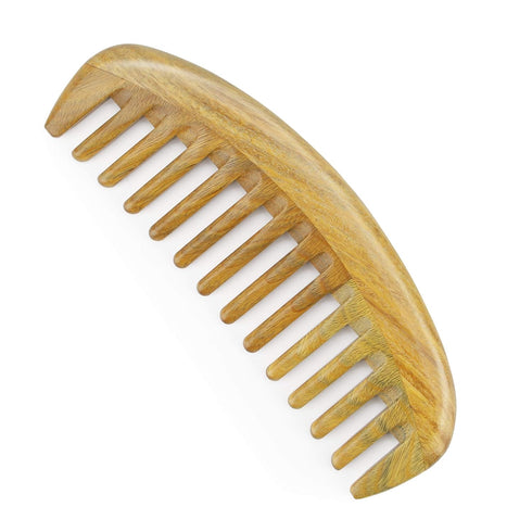 Onedor Handmade 100% Natural Green Sandalwood Hair Comb - Anti-Static Wooden Detangler (Oval Wide Tooth)