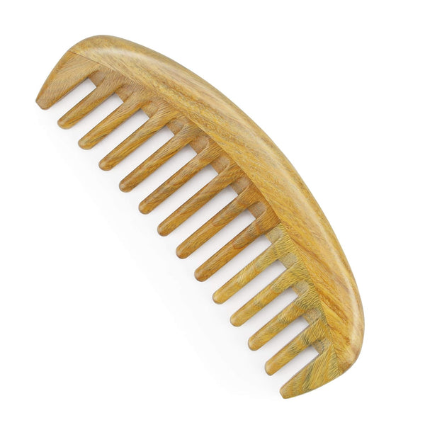 Onedor Handmade 100% Natural Green Sandalwood Hair Comb - Anti-Static Wooden Detangler (Oval Wide Tooth)