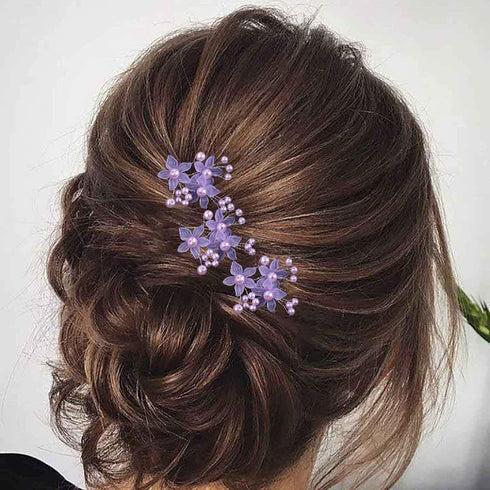 Pearl Bride Wedding Hair Pins, Purple Bead Hair Piece, Bridal Flower Headpieces for Women and Girls (Pack of 3)
