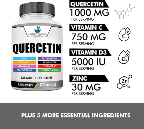 American Standard Supplements Quercetin 1000mg - 120 Capsules with Zinc, Vitamin C, D3, Magnesium & Elderberry, Gluten
